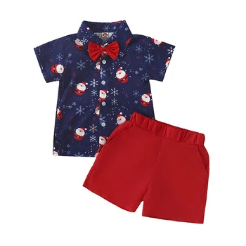 Комплект дрехи господин за момче, коледна дрехи за деца, риза с къс ръкав и червени къси панталони с ревера на Дядо Коледа на копчета