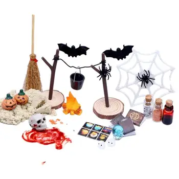 Комплект за куклена къща за Хелоуин гама от играчки на ужасите за Хелоуин с тыквенными черепи и глави, Фигурка на прилеп, 27 предмети, Мини-градина на Хелоуин