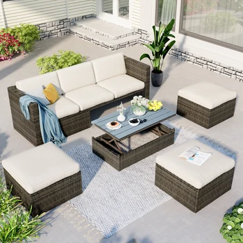 Комплект мебели за двор от 5 теми Сплетен разтегателен Двор с регулируема облегалка, въздушни Възглавници, пуфиками и холна маса с повдигане на плота