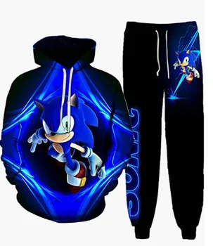 Костюм за двойки, с анимационни принтом Sonic, модни hoody с качулка, Европейски и американски комплект на най-готините спортни панталони голям размер