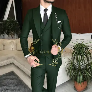 Красив, Тъмно зелен Мъжки костюм Slim Fit, Официална Сватба Облекло за Младоженеца, Смокинги Terno Masculino На Поръчката, 3 предмет (Блейзър + Жилетка + панталони)
