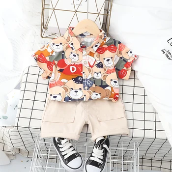 красиви Модни комплекти дрехи за малки момчета, Корейската версия, Ризи с къс ръкав за малки деца, костюми