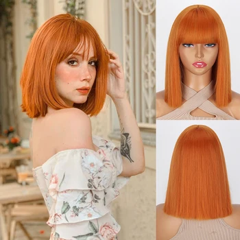 Кратък Директен оранжева перука с бретон от Синтетични перука за жени Кратък перука Боб Перука, изработени от естествени топлоустойчива коса Cosplay Ежедневни перуки
