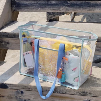 Лесна лятна чанта за съхранение на плуване от PVC кремава на цвят, прозрачна, водоустойчива плажна чанта с голям капацитет, чанта за пране с едно рамо