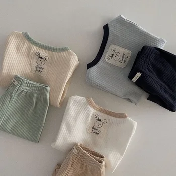 Летни бебешки комплекти с етикет, корея, детски дрехи, къси панталони на райета с къси ръкави, комплект от две части