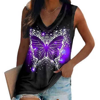 Летни блузи с 3D принтом пеперуди, дамски градинска мода, Y2k, извънгабаритни жилетка с V-образно деколте, женски камизола без ръкави, с открити рамене