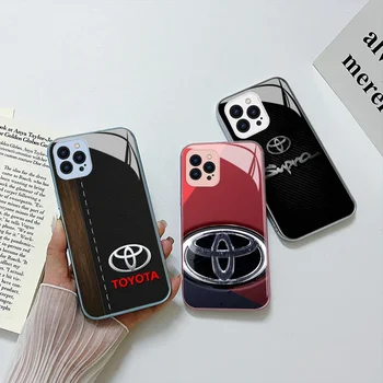 Луксозен брендовый превозно средство, Ford, Toyota с логото на метален цвят, калъф за телефон iPhone 15 14 13 12 Mini 11 Pro Max X XS Plus 8, стъклена твърда корица