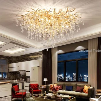 Луксозен кристален полилей в стил постмодерното, тавана лампа с висящ таван, атмосферни скандинавските лампи, златни led декоративни осветителни тела за хол.