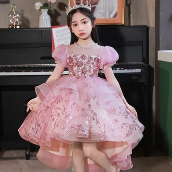 Луксозно розова бална рокля на принцеса с пайети, расшитое мъниста, за момичета, Елегантни рокли за пиано представяне на партито по случай рождения ден на y908