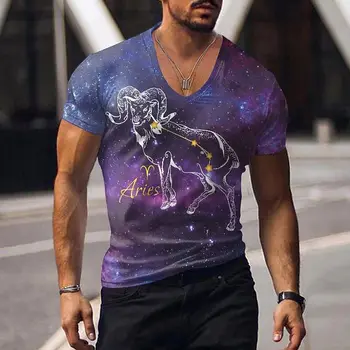 Лятна мъжка тениска с V-образно деколте и винтажным 3D-принтом Twelve Constellated, Всекидневни пуловер Оверсайз с къс ръкав, Тенденция модерно мъжко облекло