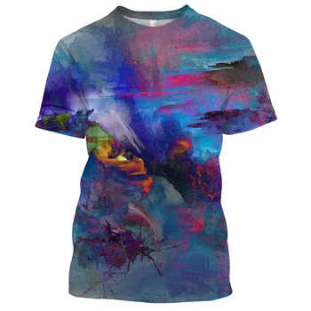 Лятна цветна мъжка тениска с изображение на маслената живопис в стил хип-хоп, 3D принт, индивидуалност, за врат, къс ръкав, модни дрехи