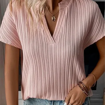 Модерен дамски ежедневни риза с къс ръкав в розова ивица с V-образно деколте 2023, Елегантни дамски свободна офис тениска в жаккардовую ивица