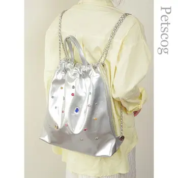 Модерен женски раница, дизайнерски чанти за рамо със сребърен веригата и диаманти, рамо чанти на стил опрятного колеж, ученически чанти-кофи
