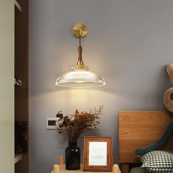 Модерно, прозрачно стенни аплици, Скандинавските стенни лампи с прозрачна абажуром за спалня - Японски стъклена стена лампа в стил ретро