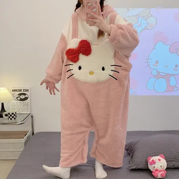 Мультяшная Сладка Пижама Hello Kitty Kuromi Cinnamoroll, Цели Пижами, Дамски Есенно-Зимни Коралови Плюшен Удебелена Топла Домашна Пижама
