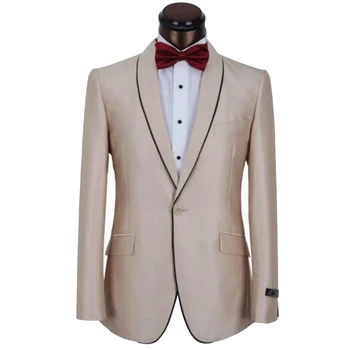 Мъжки костюм, ИЗРАБОТЕНА ПО ПОРЪЧКА, цвят шампанско, с ревера от шалове на една пуговице и черен кант (яке + панталон + вратовръзка + квадрат джоба)