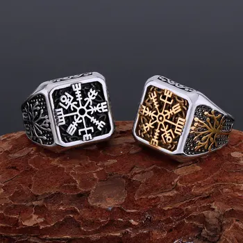 Мъжки пръстен в стил на викингите в ретро стил с глава на Вълк, скандинавски амулет, Рунически дизайнерски пръстен, скандинавски бижута, компас, подарък за украса