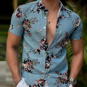 Мъжки ризи Летни Свободни Ежедневни Ризи с къс ръкав райе с принтом за мъже