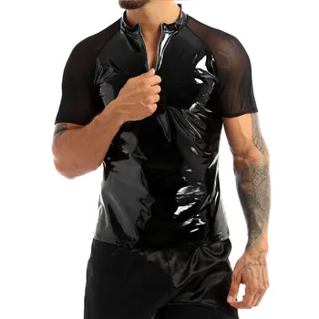 Мъжки тениски от лачена кожа с кръгло деколте и прозрачни мрежи, с къс ръкав, Половината с цип отпред, блузи, клубна облекло