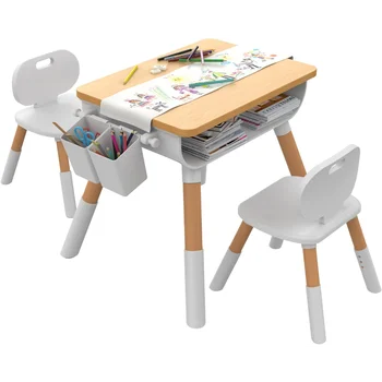 Набор от детски маси и столове, дървена маса и стол, Набор от детски учебни маси и столове, регулируеми на височина,