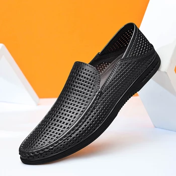 Нов италиански мъжки обувки, Ежедневни луксозни маркови летни мъжки лоферы, мокасини от естествена кожа с изрезки, дишащи слипоны-лодка