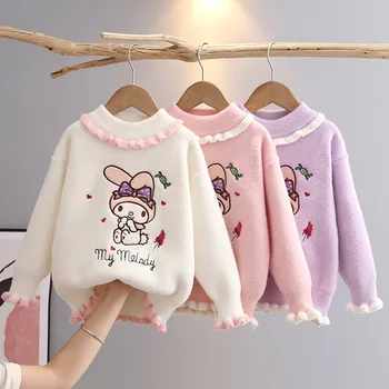 Нов пуловер за момичета Sanrio My Melody с шарките на Аниме, есенно-зимна детска спускане от норкового кадифе, трикотажная на горно облекло с кръгло деколте