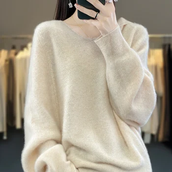 Нова есенно-зимния вълнен пуловер, дамски пуловер с качулка, топ от 100% мериносова вълна, модни корея hoody