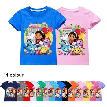 Нова лятна тениска с изображение на куклена къща Габби за малки момичета, памучни тениски с герои от аниме, Дрехи за рожден ден, подарък