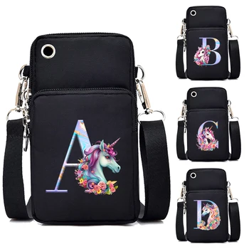 Нова модерна чанта през рамо за мобилен телефон за жени с 26 букви на еднорога, чанта през рамо, калъф за мобилен телефон с жак за слушалки, портфейл