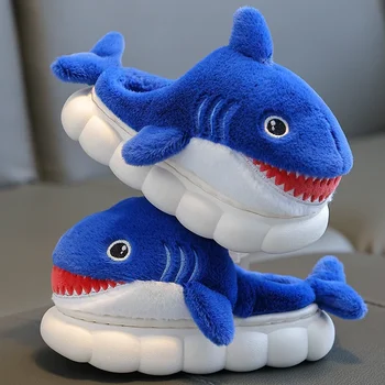 Нови зимни памучни чехли за баня във формата на сладки анимационни акули, детски нескользящие меки за момичета и момчета, детски топло плюшен домашни обувки