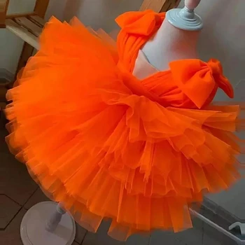 Оранжеви блестящи буйни рокли за партита за момичета, Елегантна пушистое принцеса рокля за момичета, Блестящи перли, луксозна сватбена рокля за момичета за рожден ден
