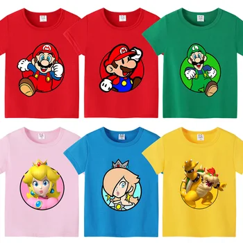 Памучен тениска Super Mario Bros нова детски дрехи със собствени анимационни герои, модни дрехи с модел за игри, блузи, лятна тениска за подарък