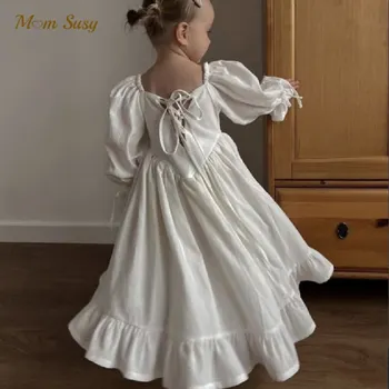 Памучно рокля на принцеса за момиченца С дълъг ръкав, Пролет-есен, Винтажное Рокля за Момиченца Бяла Детски дрехи от 1 до 7 години
