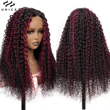Перука UNice Hair 13x4 на дантели от човешка коса, Къдрава Перука Джери, черно с бордовыми отблясъци 99J