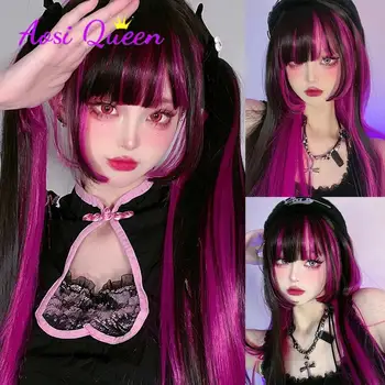 Перука за cosplay AOSI с бретон принцеса, синтетични права коса с дължина 23 инча, огнеупорни черно, розово, лилаво перука перука за парти