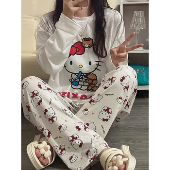 Пижами Kawaii Hellokitty В стил Sanrio Ins, Пролетно-есенен Комплект Дрехи за Дома За момичета С Хубав Коте и Кошечкой С Дълъг Ръкав, Можете да Носите На улицата