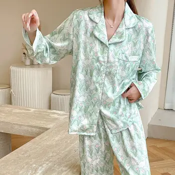 Пижамный костюм, пролет-есен, панталони с дълъг ръкав, сатен, женски пижамный комплект от 2 теми, пижами със зелен принтом, дрехи за сън с анимационни заек, домашно облекло