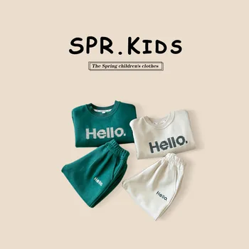 Пролет 2024, Корейски Детски комплект дрехи за момчета от 2 теми, Памучни Пуловери с писмото принтом, Костюм за бягане с еластична гумена лента за кръста, дрехи за малките момчета