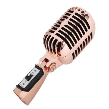 Професионален кабелна класически ретро микрофон, динамичен вокален микрофон с микрофон за караоке на живо (розово злато)