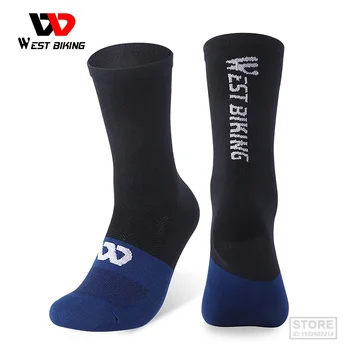Професионални велосипедни чорапи WEST BIKING, спортни дишащи дълги чорапи с цветен блок, нескользящие компресия футболни чорапи за МТБ-на мотора