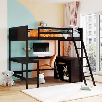 Пълен размер на таванско помещение легло с рафтове, бюро, дървени и таванско помещение легло с бюро - Еспресо