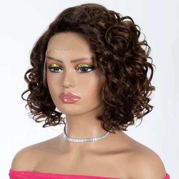 Ребека Омбре Кратък Къдрава перука Боб Джинджър Перуки, изработени от човешка коса Отпред Цветни Бразилски Прозрачни перуки, изработени от човешка коса на съвсем малък за жени