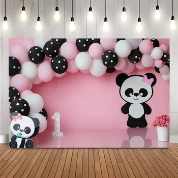 Розови балони, торта за момичета, фон за снимки на 1-ви рожден ден, подпори за фотография на тема панда, на Фона на портрет на новородени деца