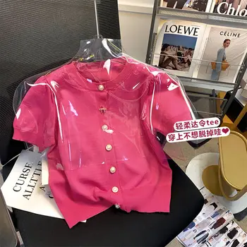 Розово-пузырчатый вязаный жилетка с къс ръкав, Темпераментна топ, дамски летни къси модни тениска