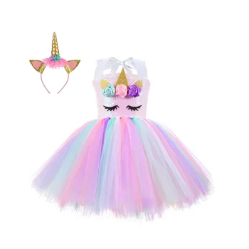 Рокля-пакетче принцеса с единорогом за момичета, облекло в пастелни цветове за малките момичета, рокли за партита в чест на рождения ден, тюлевые детски костюми за cosplay на Хелоуин
