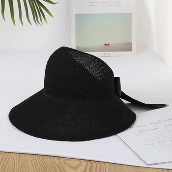 Сгъваема сламена шапка с лък, дамски празнична плажна шапка, солнцезащитная шапка с голям корниз, градинска готина шапка на един косъм