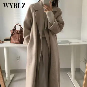 Секси Елегантна дълга вълна палто с колан, Однотонная Корейската мода горна дреха с дълъг ръкав, дамско палто, Есенно-зимни дрехи