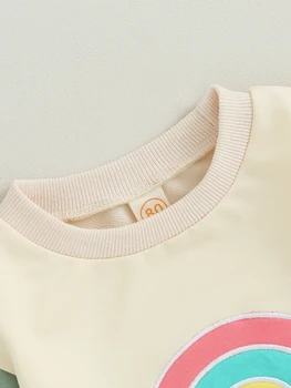 Сладък дрехи за малките момчета и момичета, пъстър пуловер с дълги ръкави и едноцветните панталони с розови принтом, комплект - Стилен