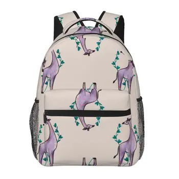 Случайни Нов лесен женски раница за тийнейджърката пътуване, чанта през рамо с романтично лилаво жирафа и зелени листа във формата на сърце