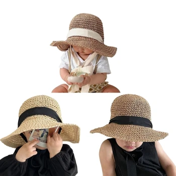 Солнцезащитная шапка с широка периферия, Лятна шапка, слама тканая шапка за малки момичета, детски плажни шапки за деца, пътна шапка